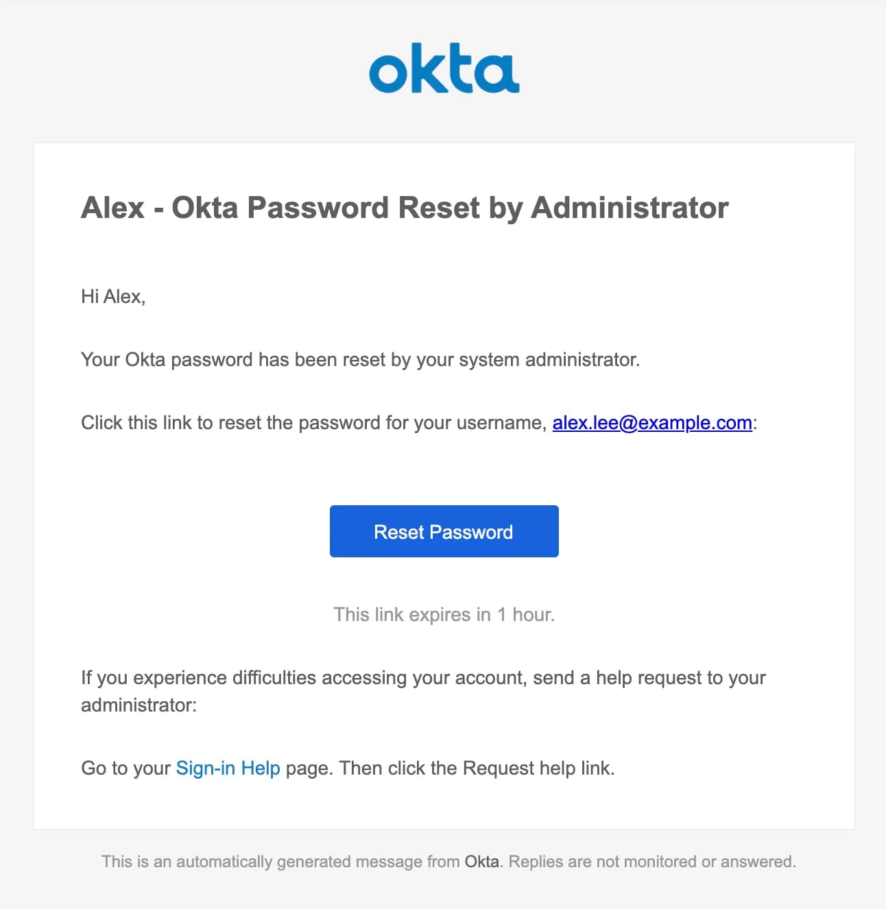 A Herd phishing simulation delivered as email: an Okta password-reset notice, addressed to Alex, with a Reset Password button and a one-hour expiry.
